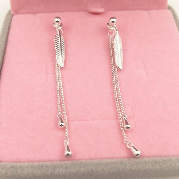 NEW 925 Sterling Silver Leaf Tassel Drop Earrings - Picture 5 of 6